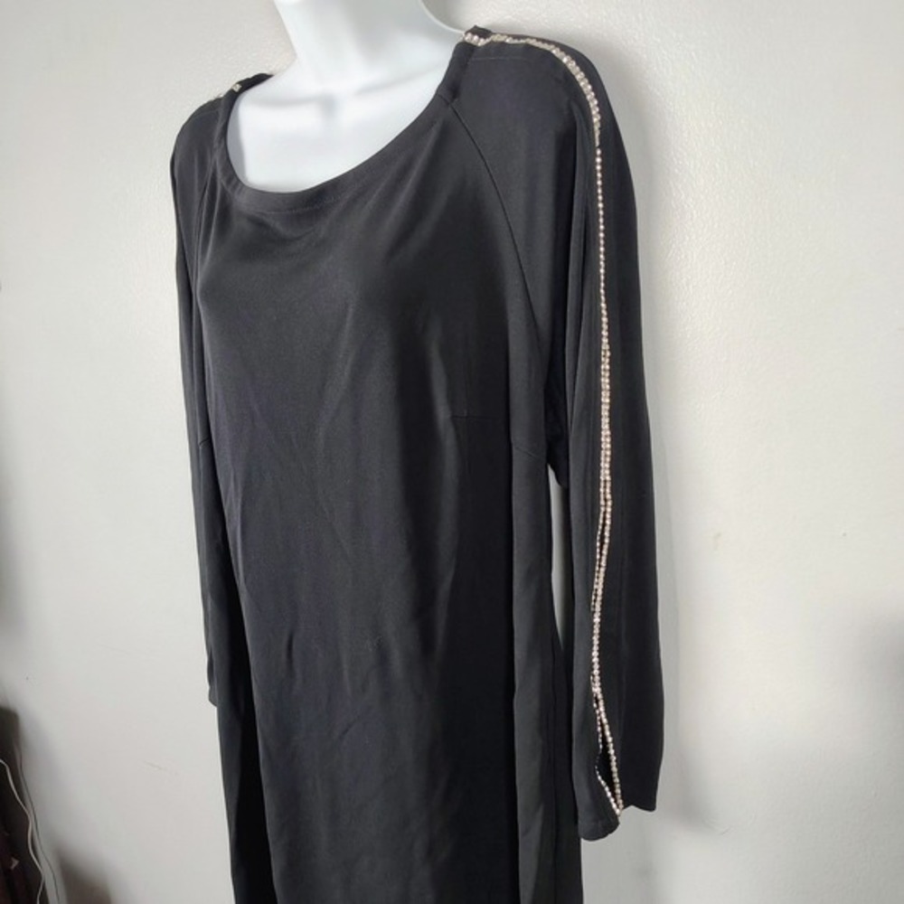 Onyx Nite Wendye Chaitin Black Rhinestone Pearl Sleeve Shift Dress 16 USA‎ dark - Picture 2 of 10